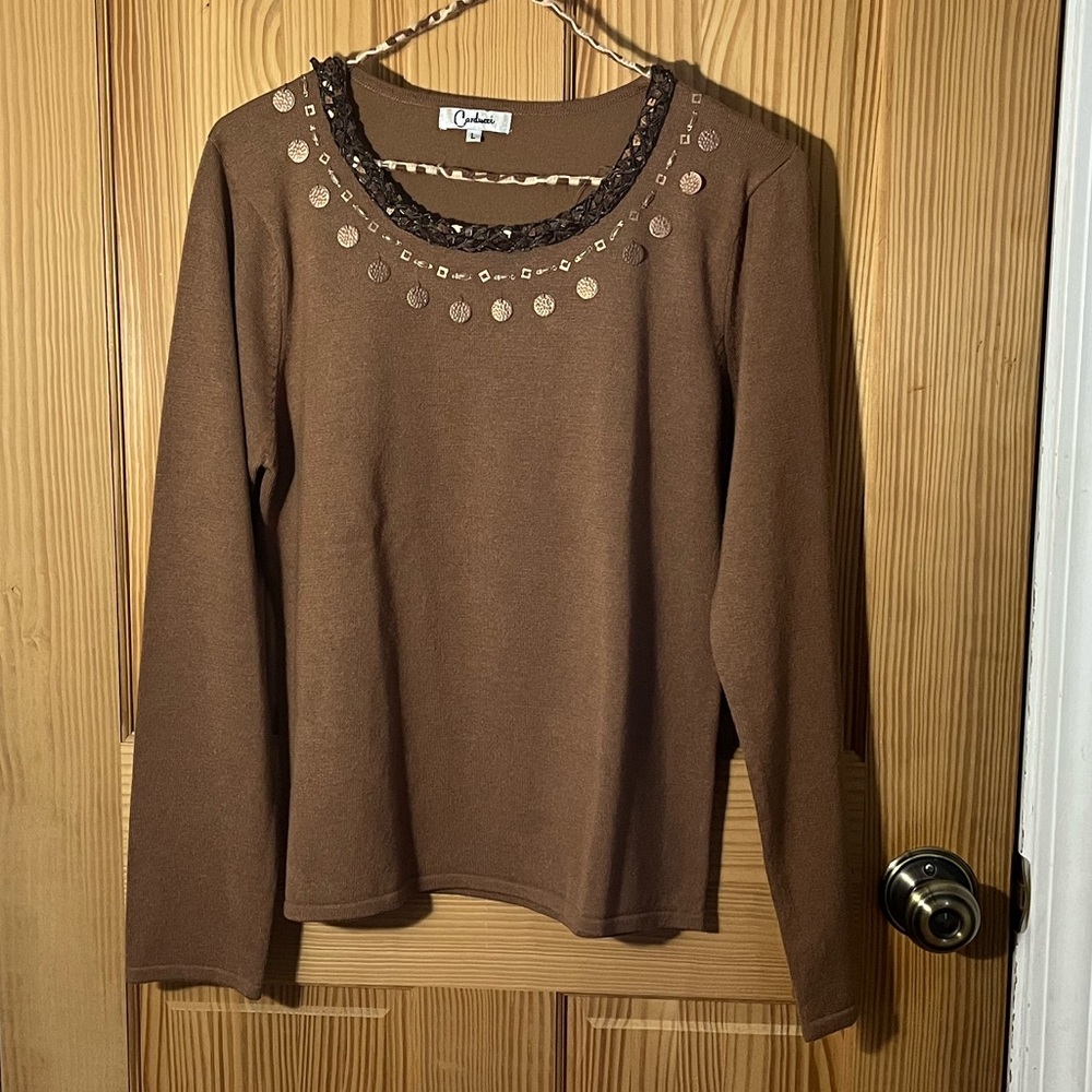 Chic Brown Long Sleeve Sweater with Embellished Neckline
